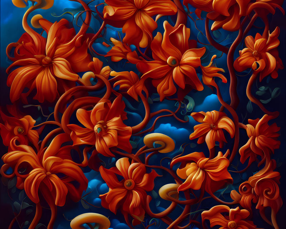 Colorful digital artwork: Orange flowers on blue background