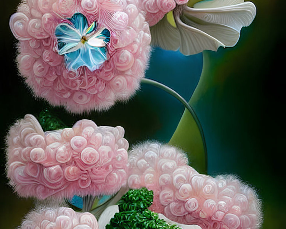 Stylized pink flowers and blue butterfly digital painting on dark background