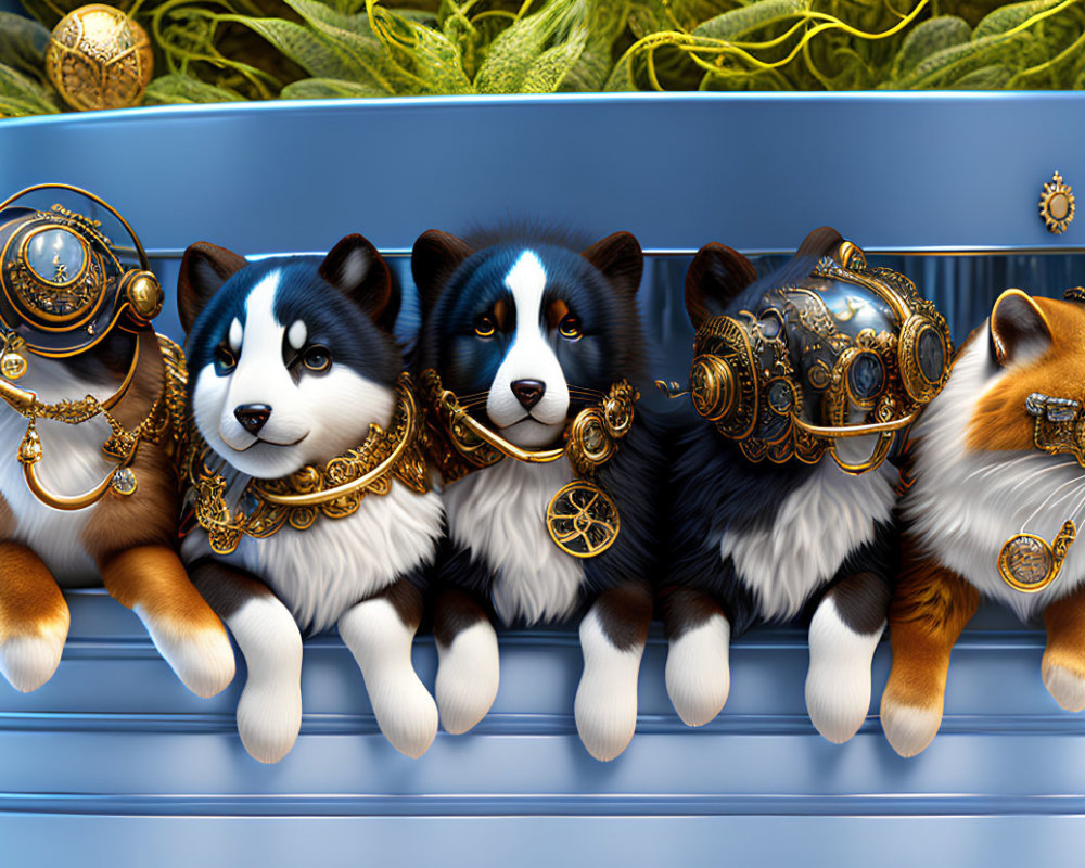 Five Steampunk Cartoon Dogs on Blue Ledge with Golden Ornate Designs