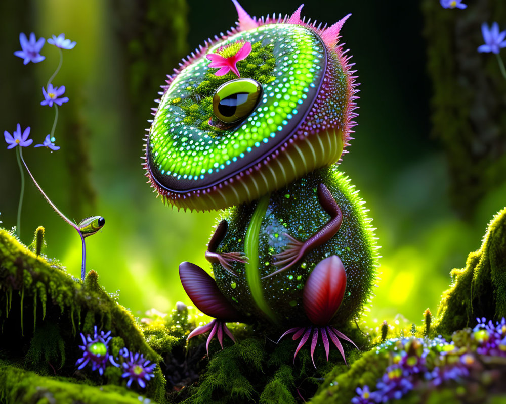 Colorful dinosaur-plant hybrid in mossy forest with purple flowers