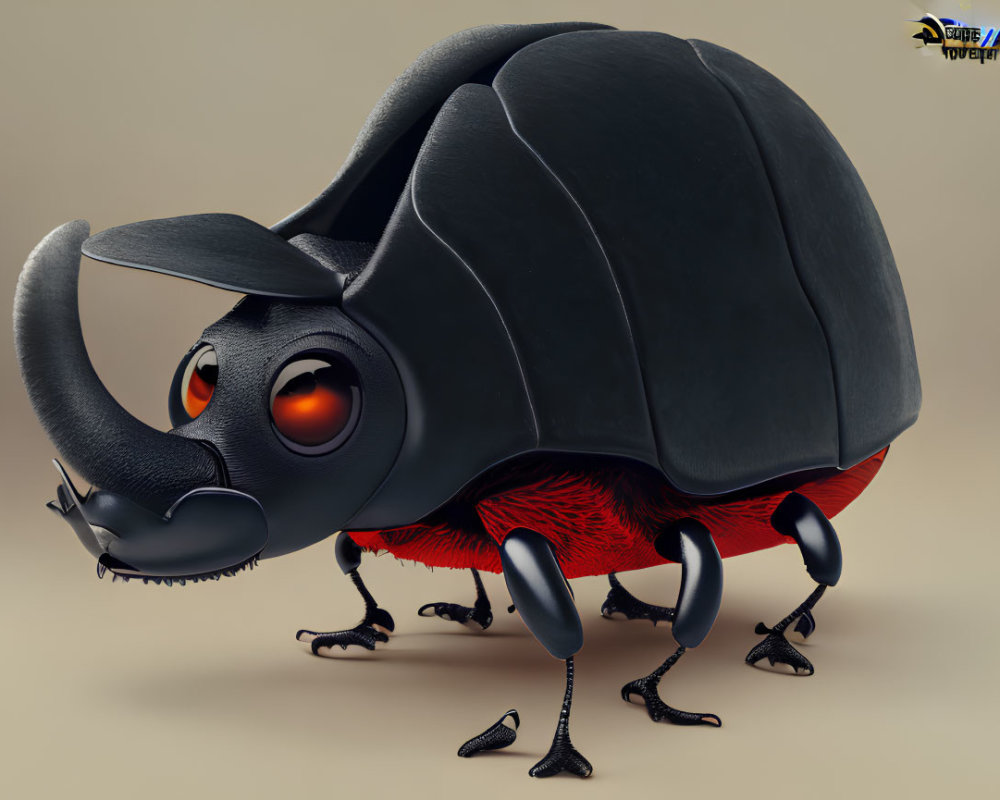 Stylized black beetle with orange eyes and red underbelly on neutral background