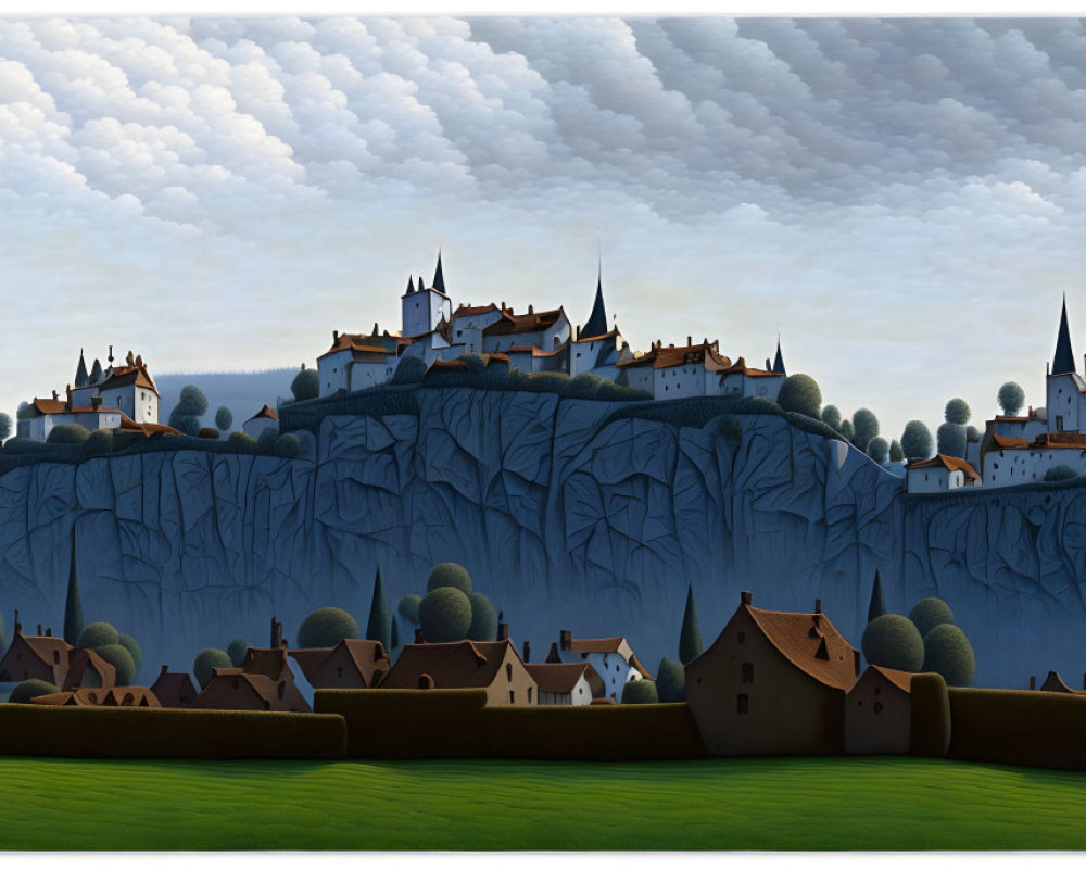 Panoramic landscape: stately castle on rocky cliff, village nestled in verdant hills, pattern