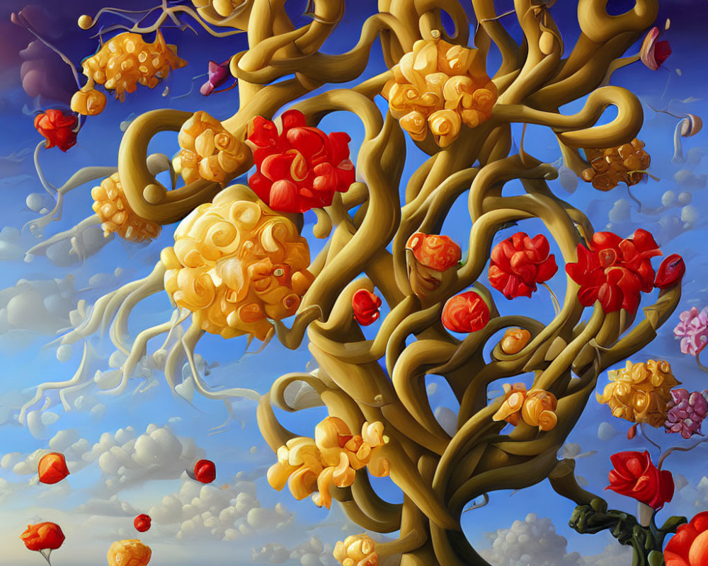 Whimsical golden tree with red and yellow flowers on surreal blue sky