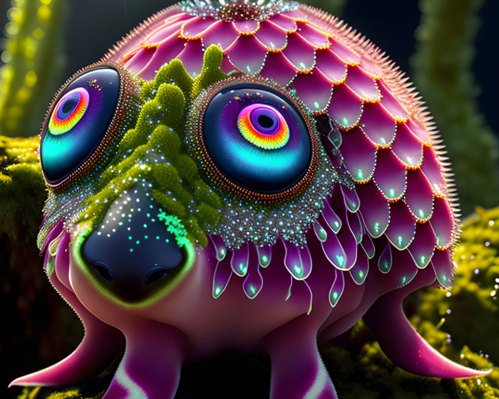 Colorful fantastical creature with multicolored eyes in a dark, plant-filled setting