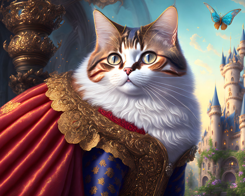 Regal cat with cloak and butterfly in front of fantasy castle