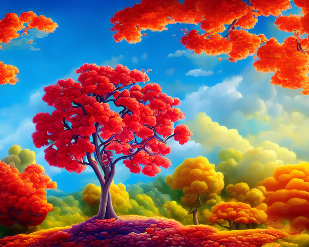 Colorful whimsical landscape with red-orange trees under a blue sky