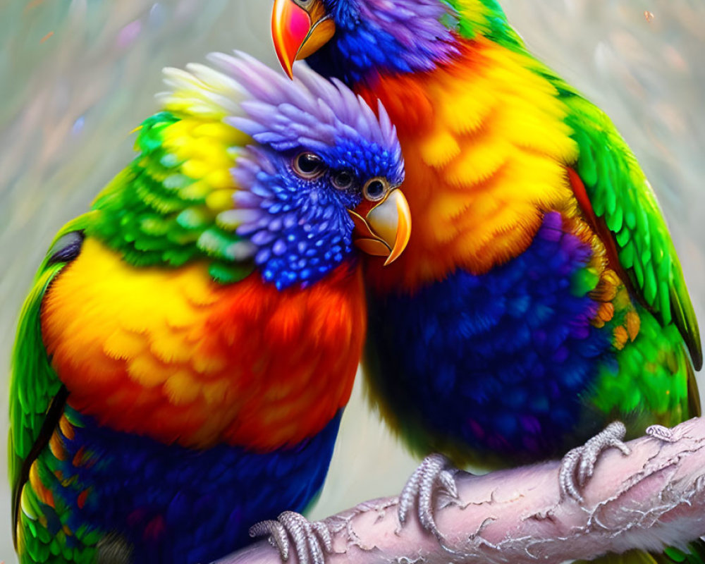 Colorful Rainbow Lorikeets Perched on Branch with Bokeh Background