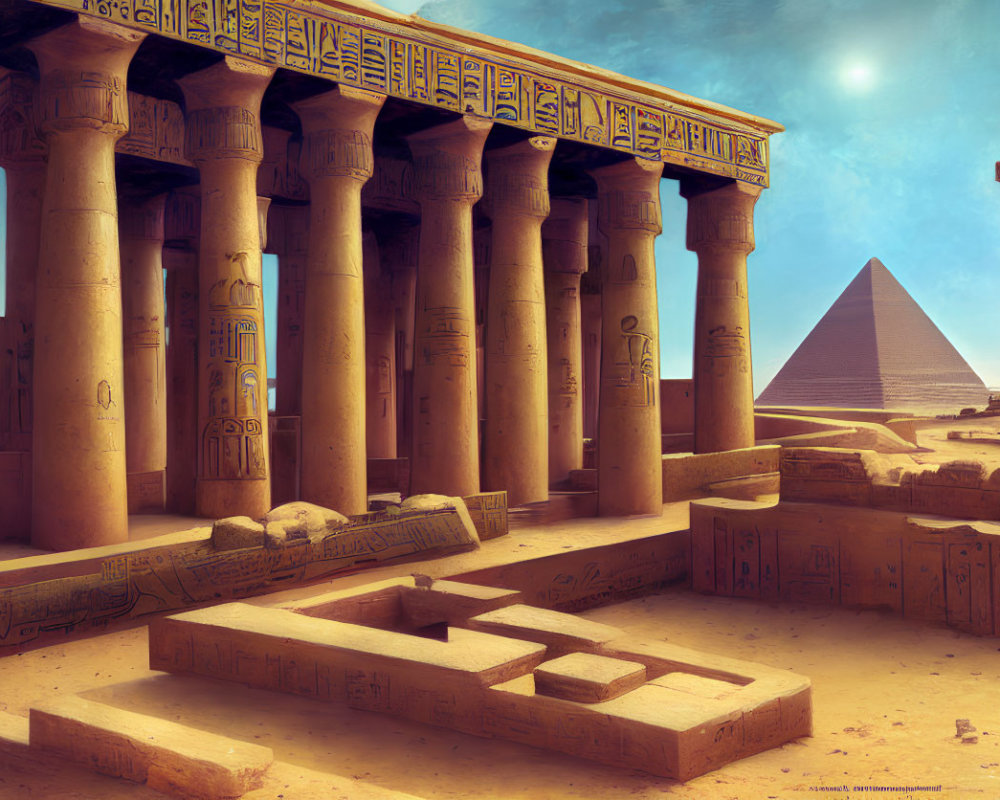 Ancient Egyptian Temple with Hieroglyph-Adorned Columns and Pyramid in Clear Sky