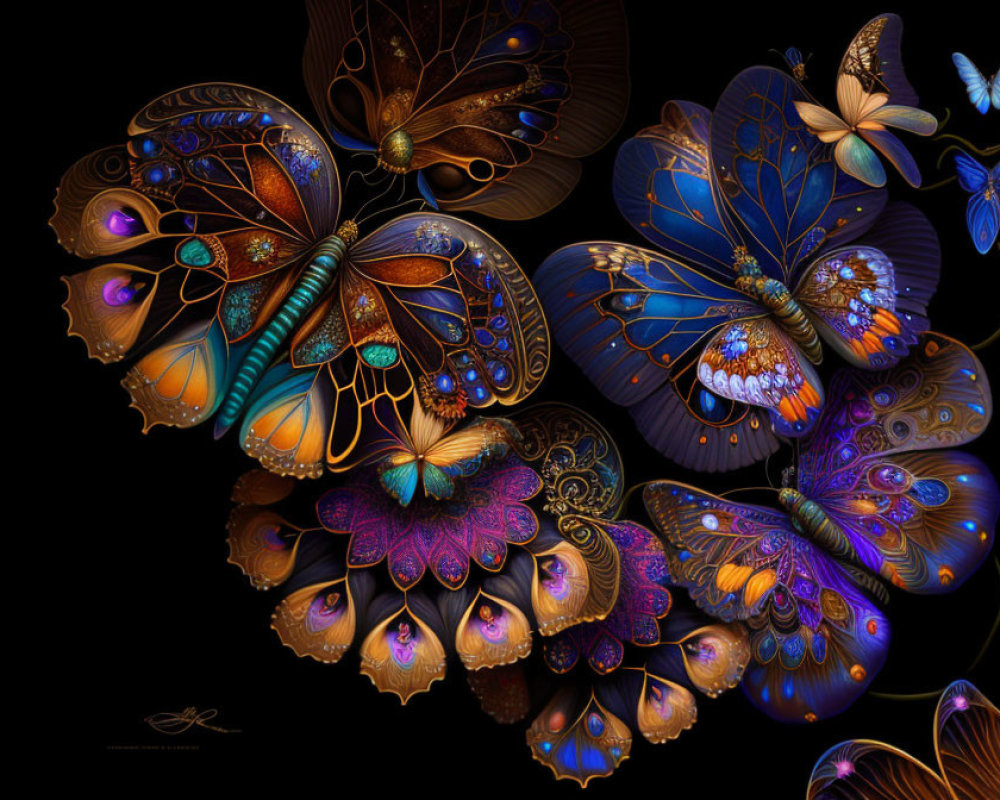 Intricately Designed Ornate Butterflies on Dark Background