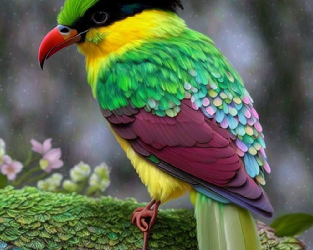 Colorful Fantastical Bird with Green Crest and Vibrant Feathers Perched on Branch