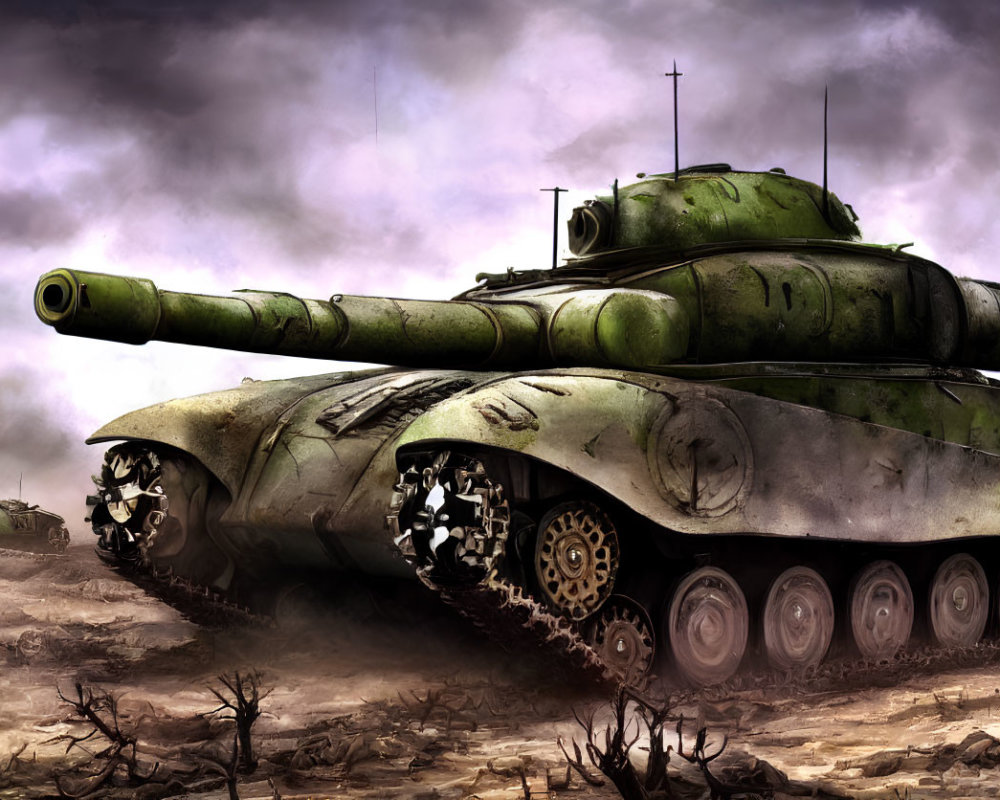 Digital artwork: Military tanks in stormy battlefield