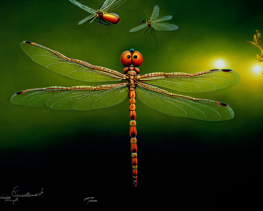 Detailed Dragonfly Illustration Surrounded by Insects on Dark Green Background