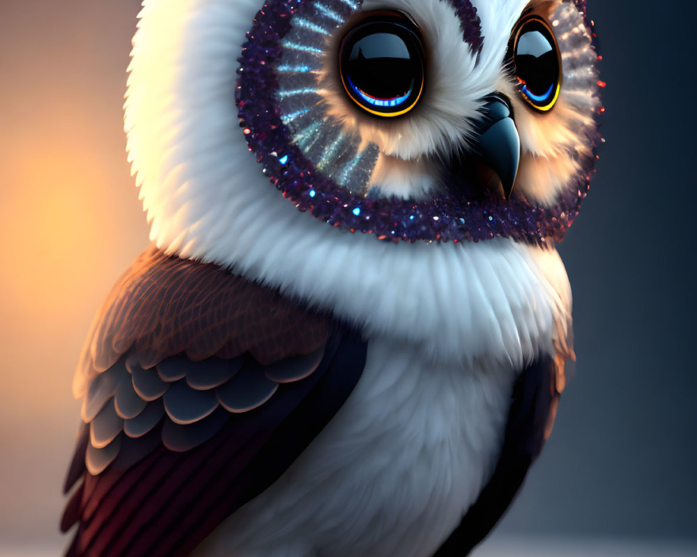 Stylized digital illustration of cute owl with oversized sparkling eyes, white and purple feathers