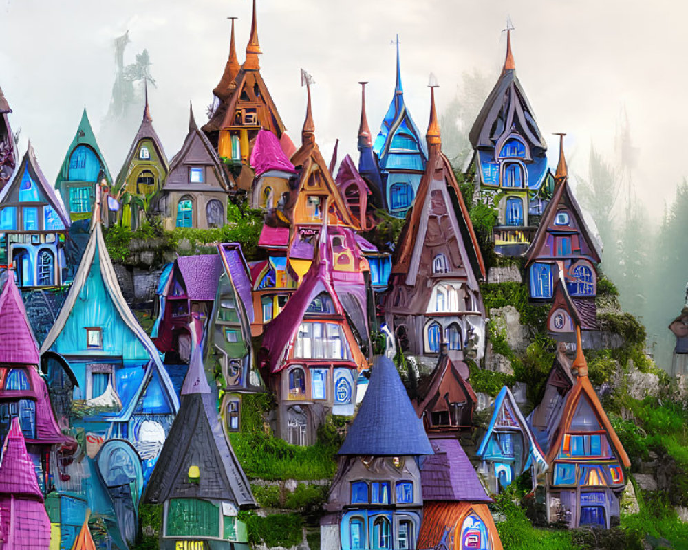 Clustered Colorful Whimsical Houses on Rolling Hills with Fantasy Vehicles