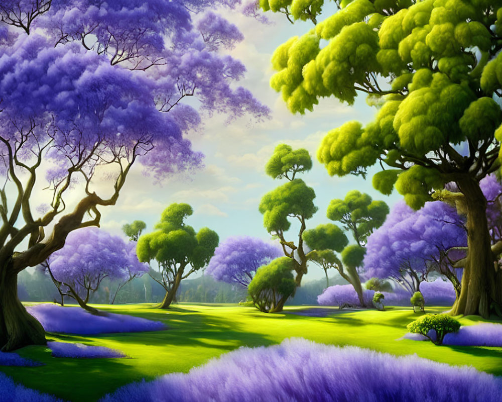 Fantasy landscape with purple and green foliage under soft-lit sky