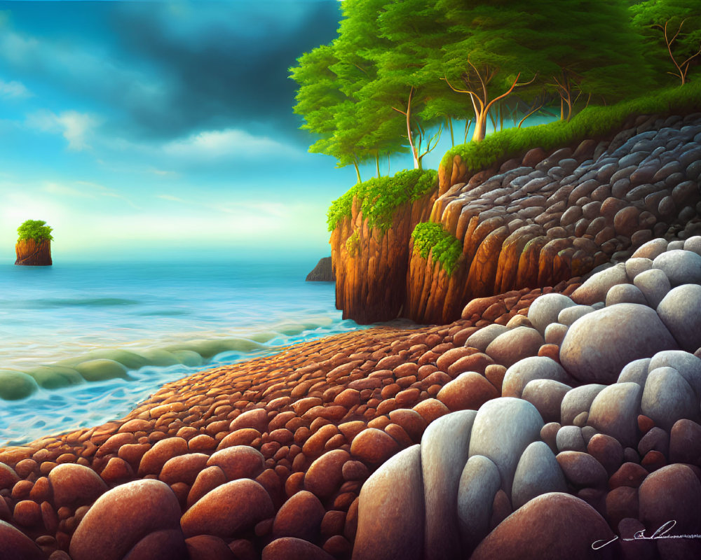 Serene coastal landscape with pebbles, lush cliff, and solitary islet