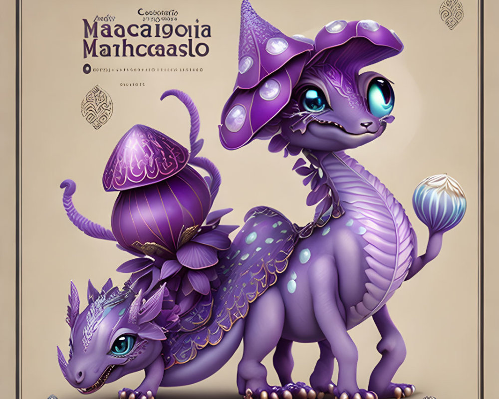 Purple Fantasy Dragon Creatures with Mushroom Features on Cyrillic Background