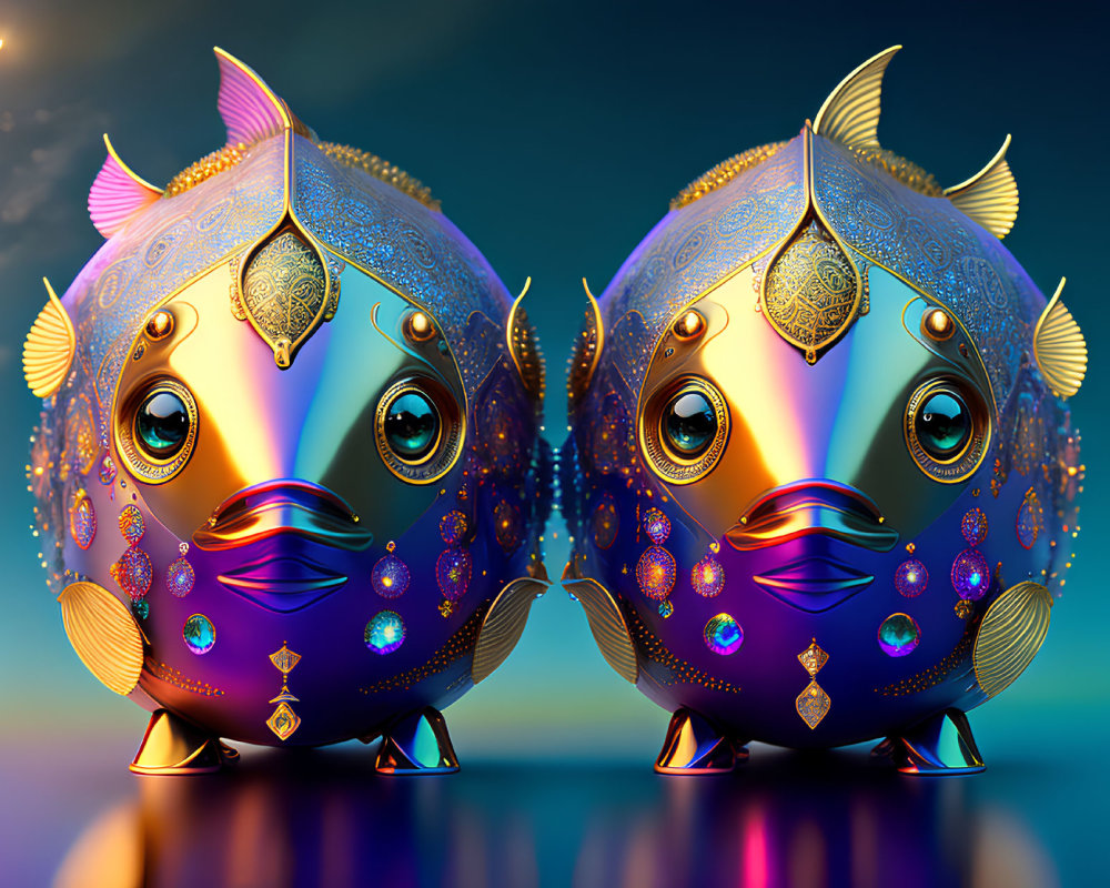 Ornate Anthropomorphic Fish with Intricate Patterns and Jewels on Twilight Background