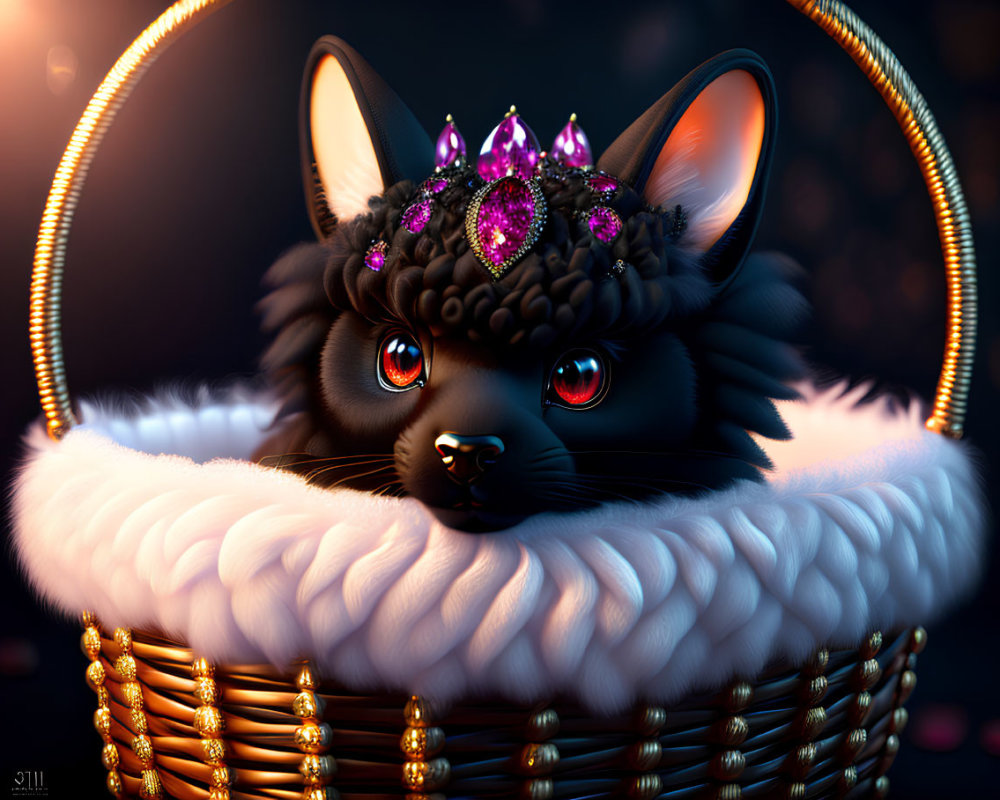 Digital Artwork: Black Cat with Orange Eyes and Jeweled Crown in Cozy Basket