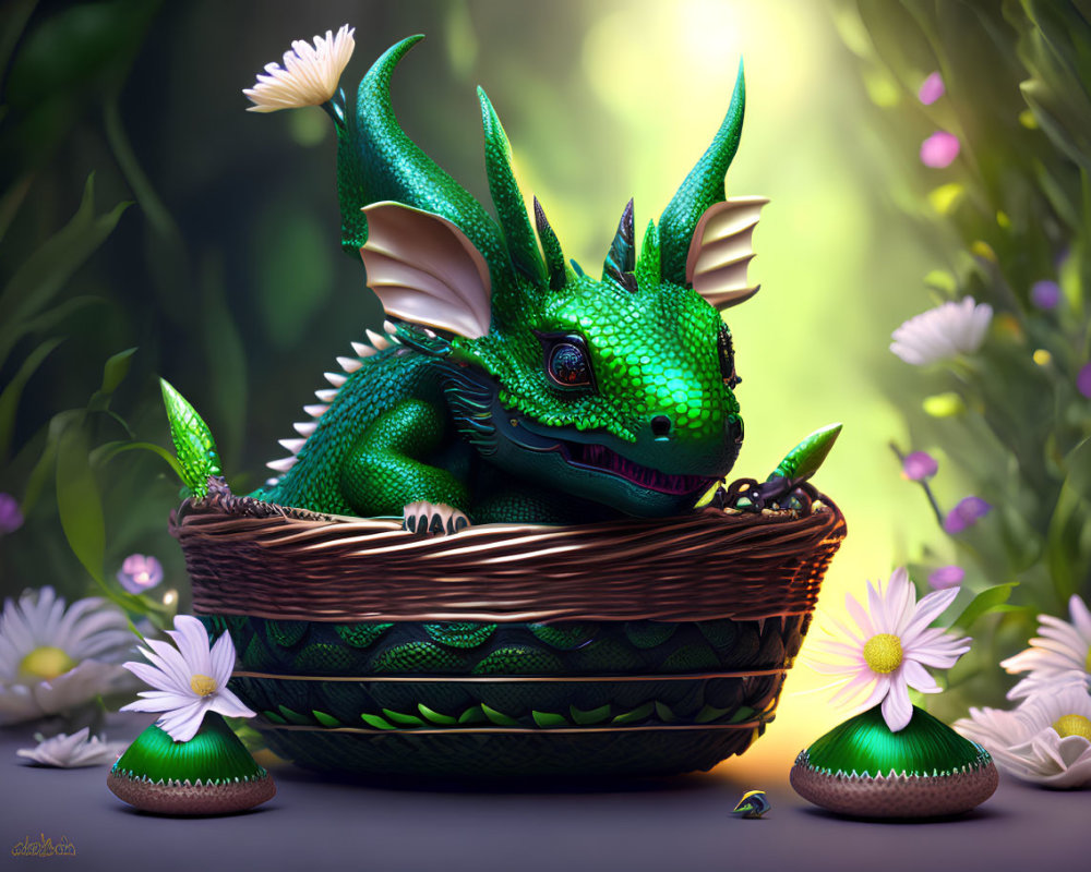 Green Dragon in Basket Surrounded by Flowers and Soft Lighting