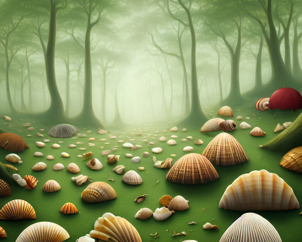 Mystical forest with oversized seashells and green fog