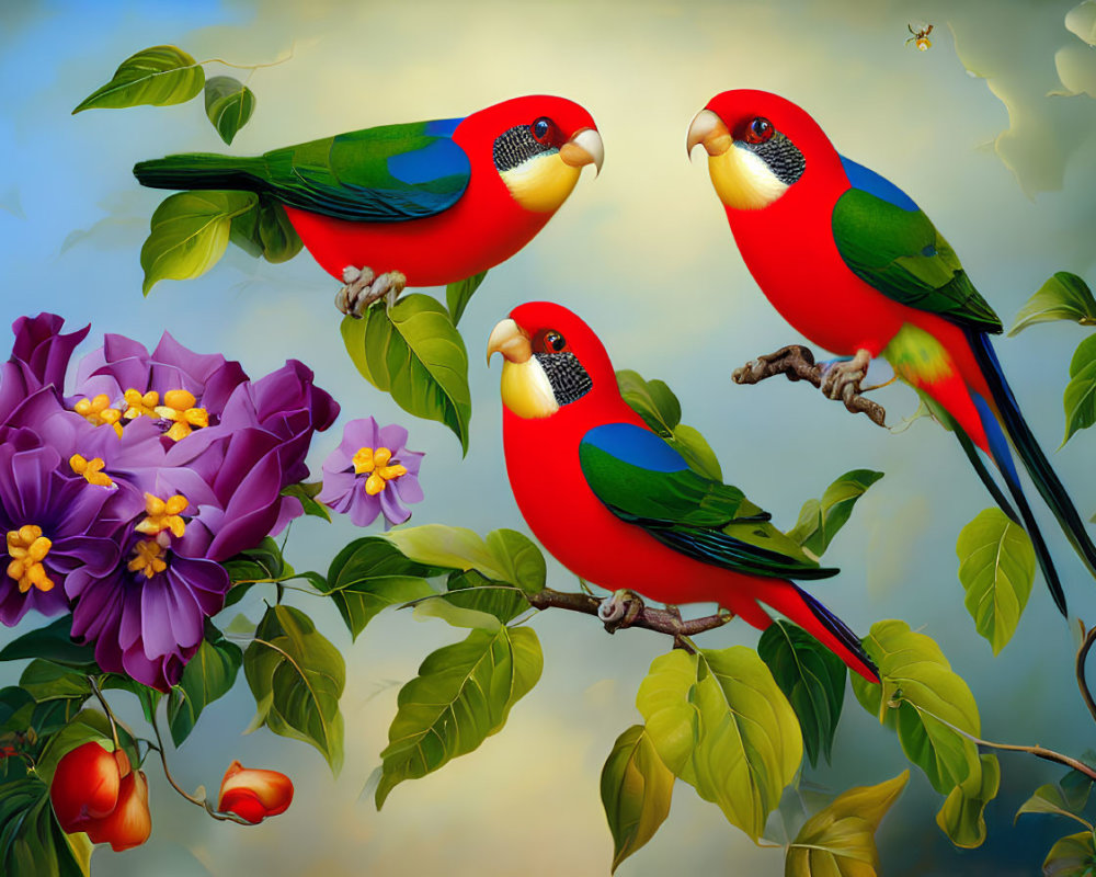 Colorful Parrots on Branches with Green Leaves, Purple Flowers, and Fruits