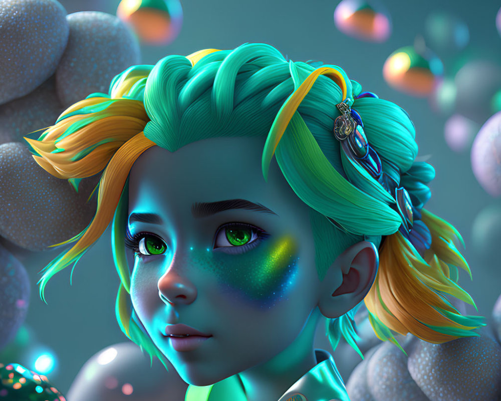 Vibrant digital illustration of a girl with green hair and colorful orbs