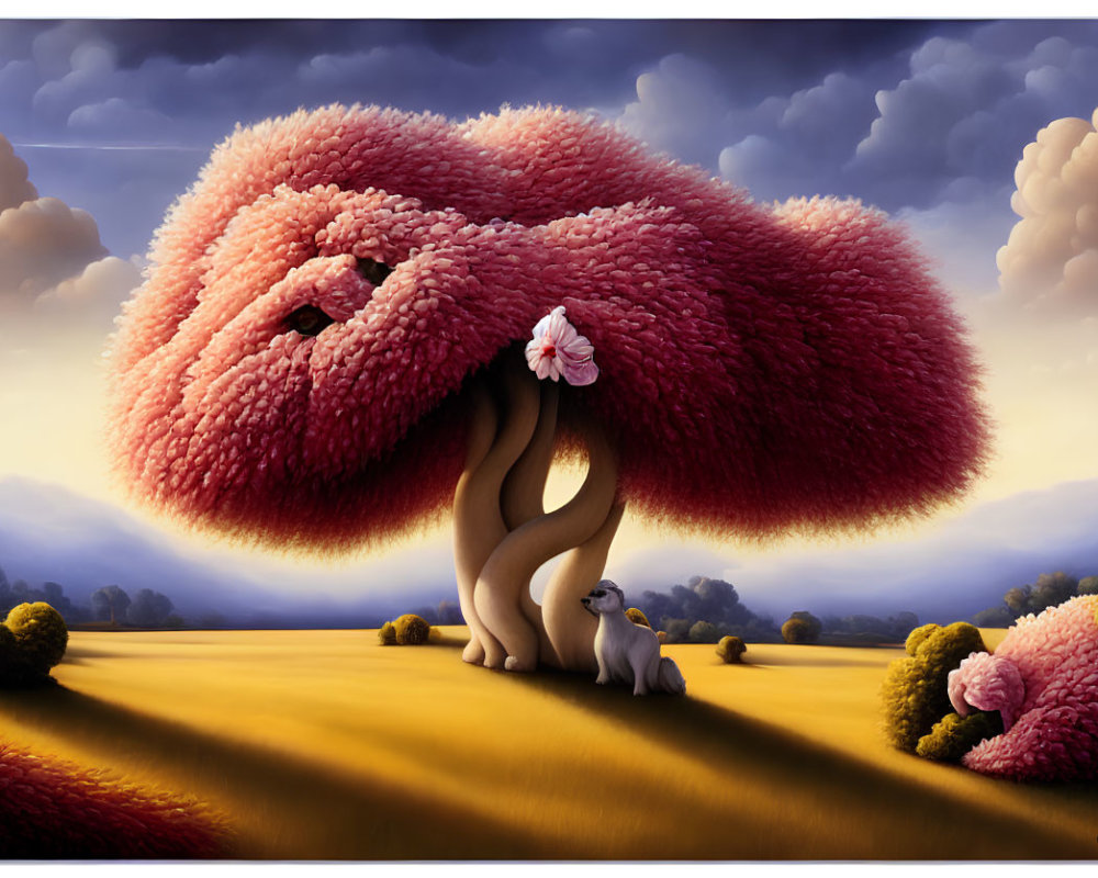 Whimsical painting of fluffy pink tree and bushes under serene sky