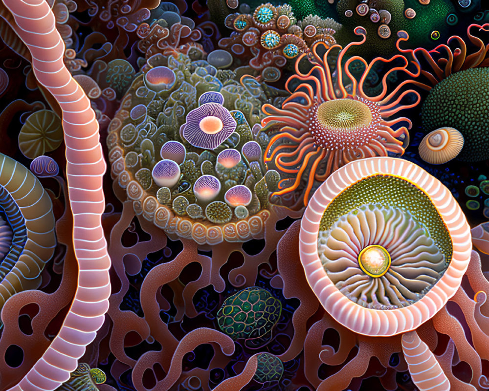 Abstract digital artwork: Vibrant marine life patterns with tentacle-like structures and colorful coral textures