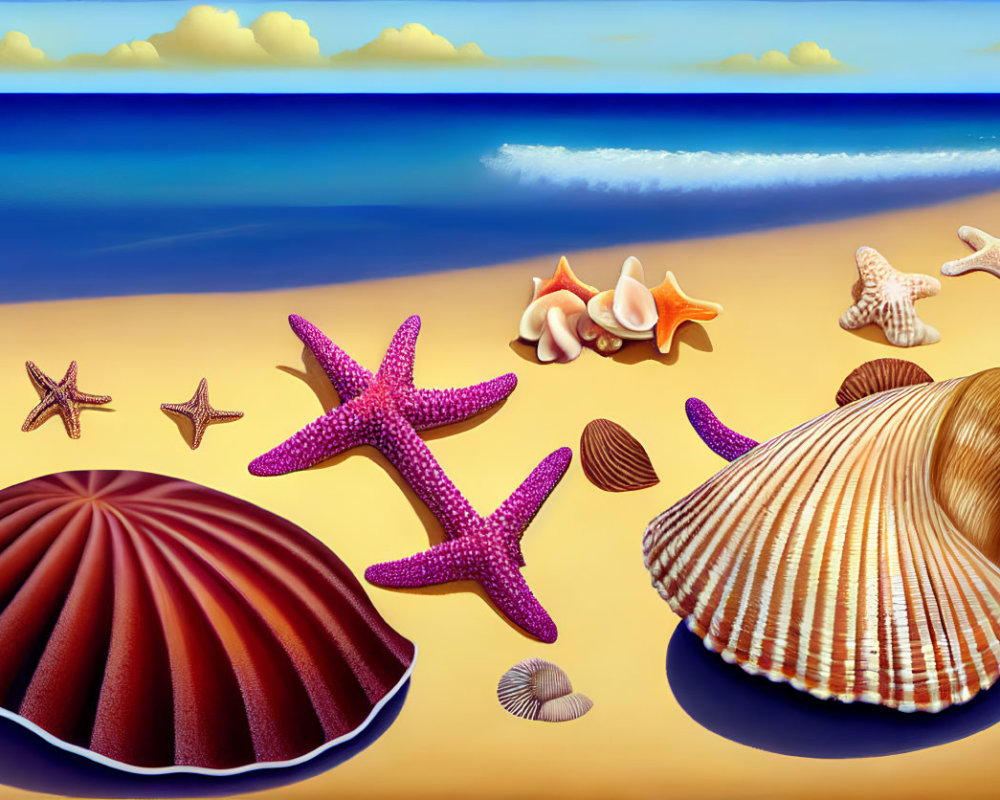 Seashells and Starfish on Vibrant Beachscape