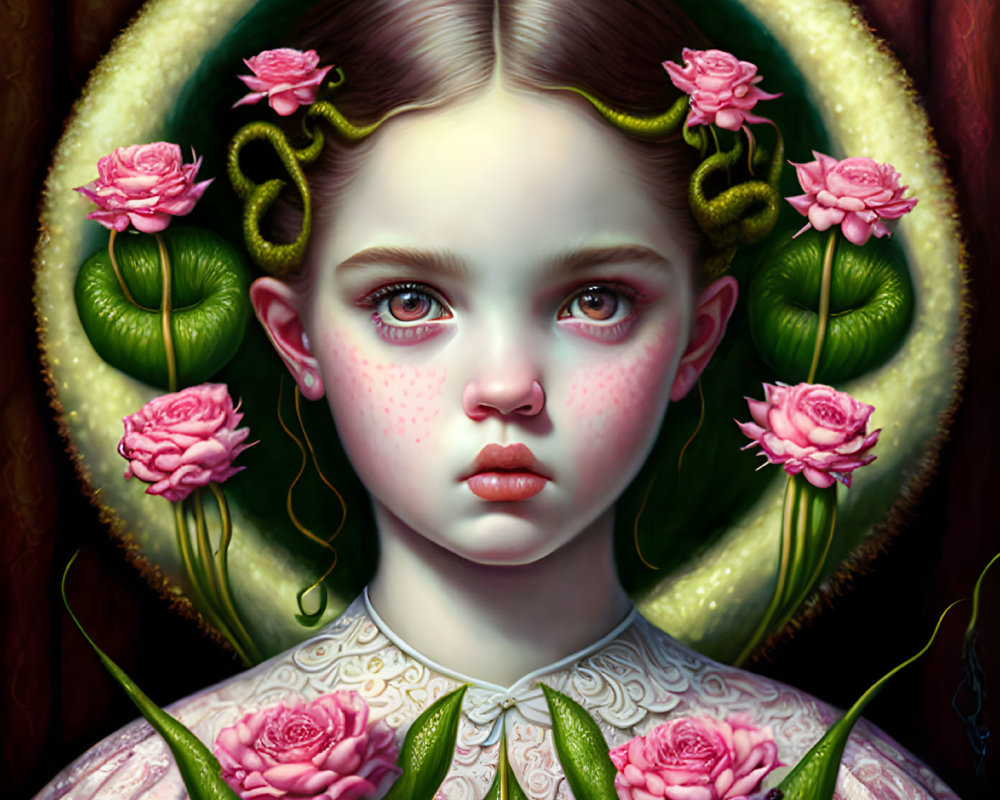 Surreal portrait of girl with rose halo and floral motifs