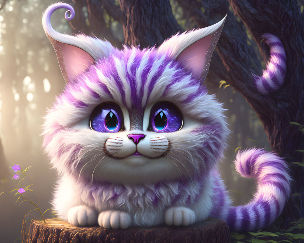 Fluffy Purple and White Animated Cat in Mystical Forest