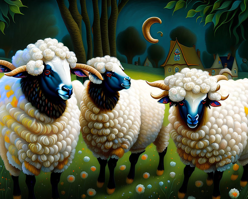 Stylized sheep with blue faces in vibrant field scenery