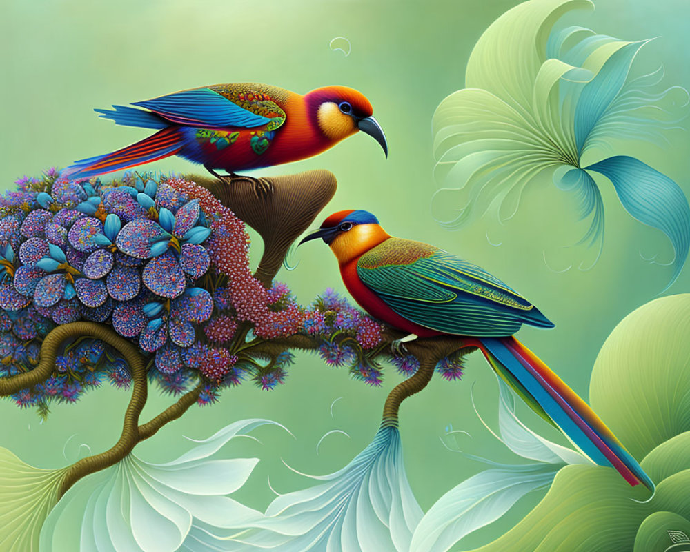 Colorful Birds on Flowering Branch Surrounded by Green Foliage