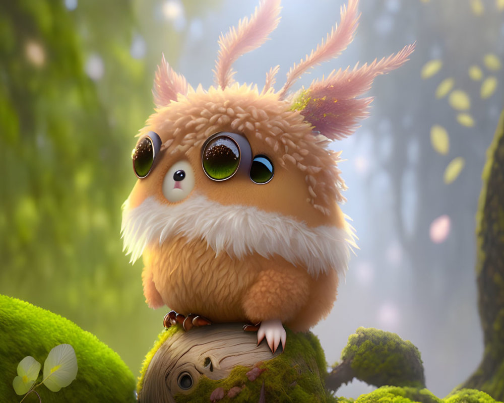 Fluffy creature with big eyes on mossy log in sunlit forest