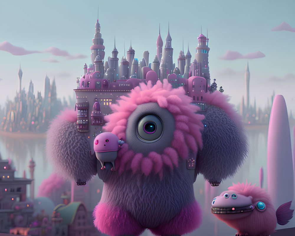 Purple one-eyed fluffy creature and companion gaze at fantastical cityscape at dusk