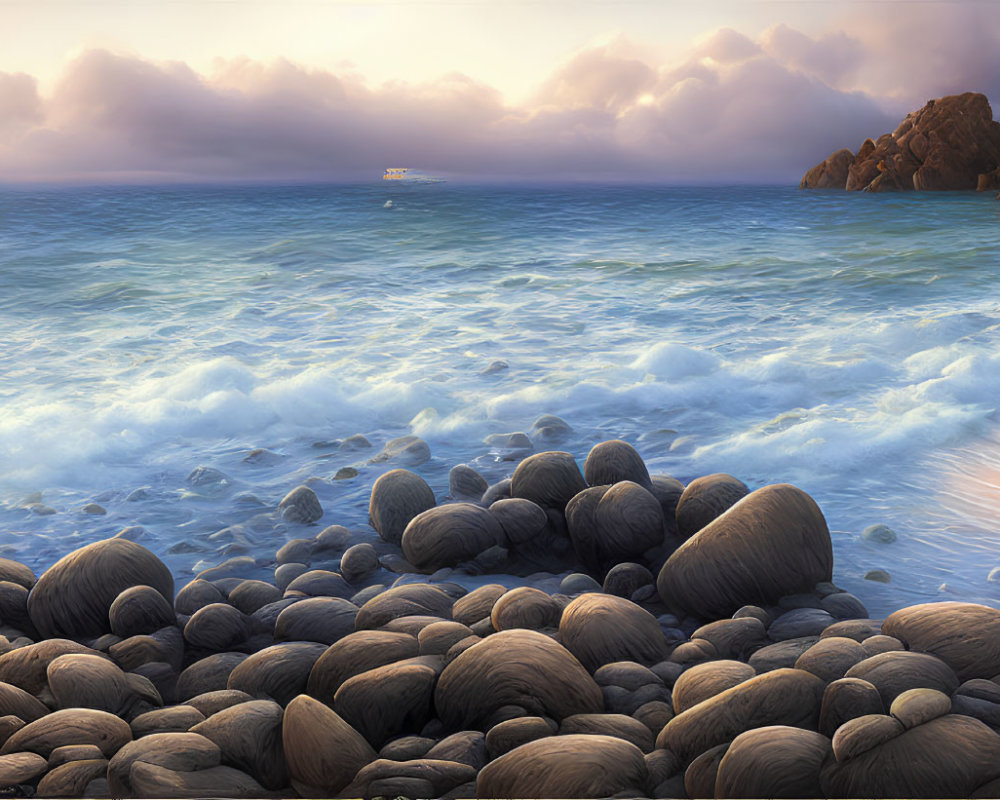 Tranquil seascape with boulders, waves, sandy shore, cliffs, and boat under