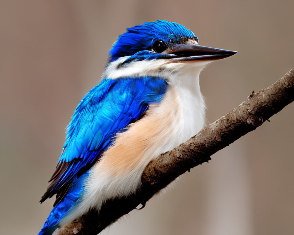 Blue and White Kingfisher on Brown Branch with Soft Background