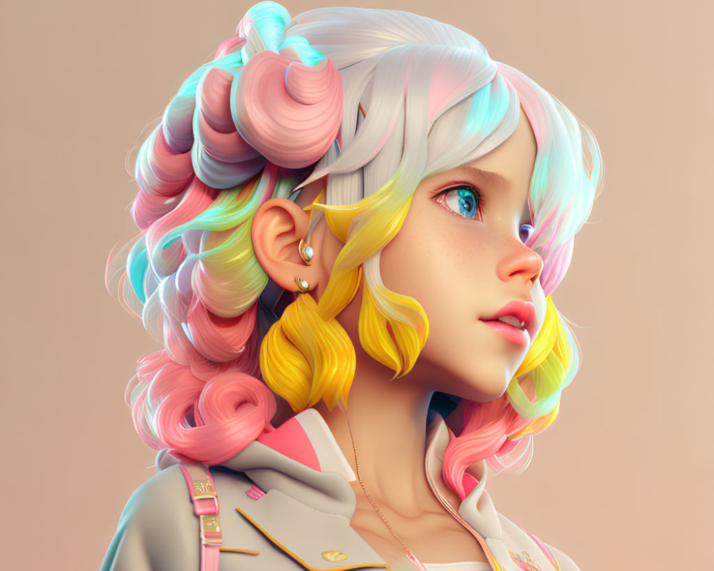 Colorful digital portrait of young girl with pastel hair and pink jacket