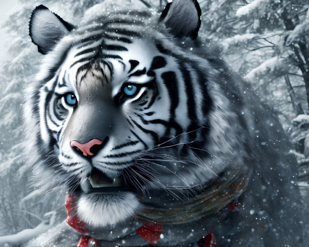 Detailed White Tiger Illustration with Blue Eyes and Red Scarf in Snowy Scene