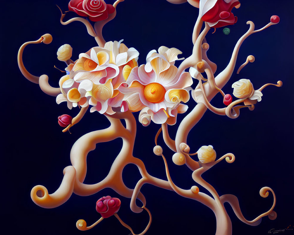 Surreal tree illustration with twisting branches and vibrant flowers on dark background