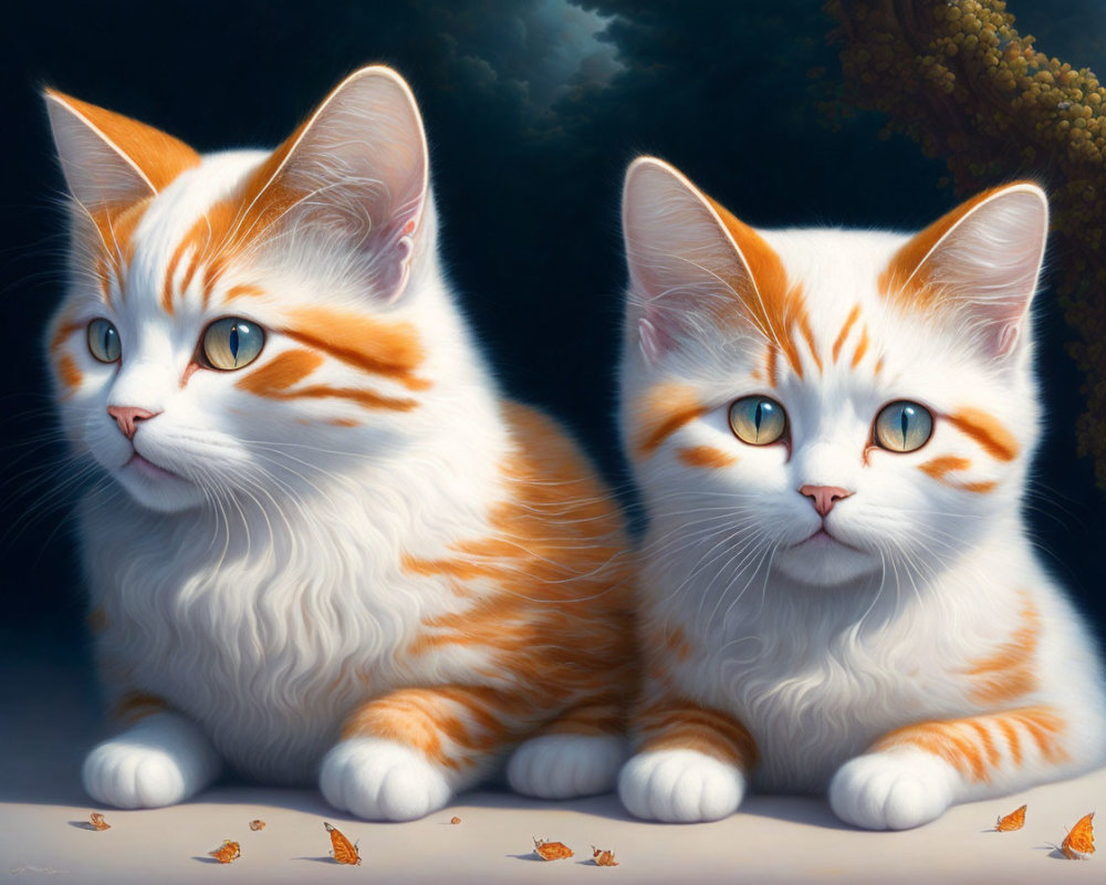 Two Orange and White Striped Kittens Among Falling Leaves on Dark Background