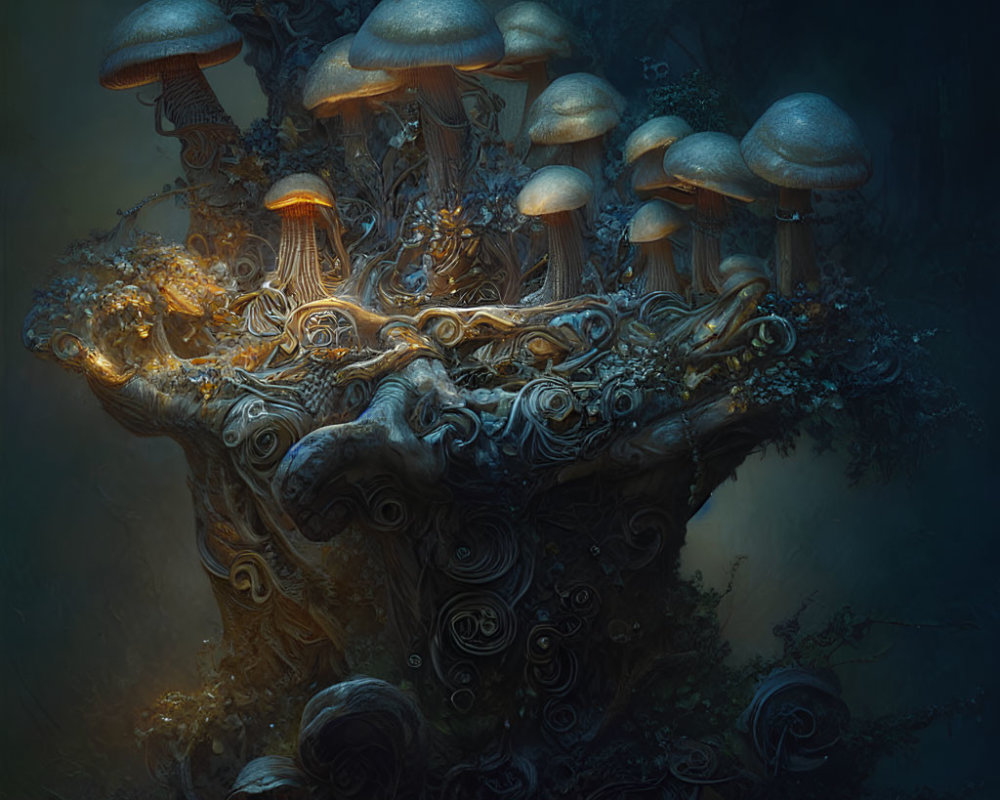 Luminous jellyfish-like mushrooms on ornate tree structure in moody blue setting