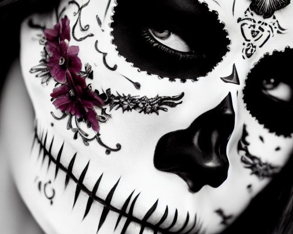 Detailed skull face paint with floral and butterfly motifs for Day of the Dead.