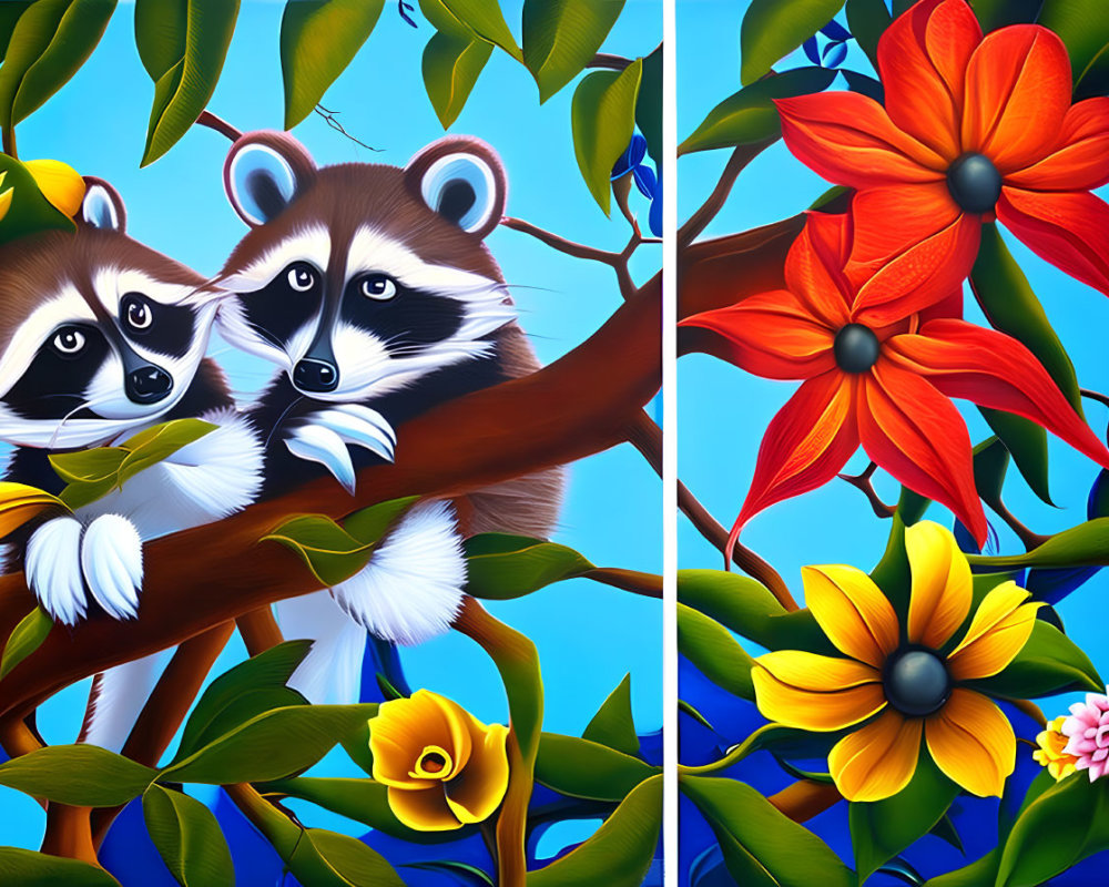 Stylized cartoon raccoons on a tree branch with colorful flowers