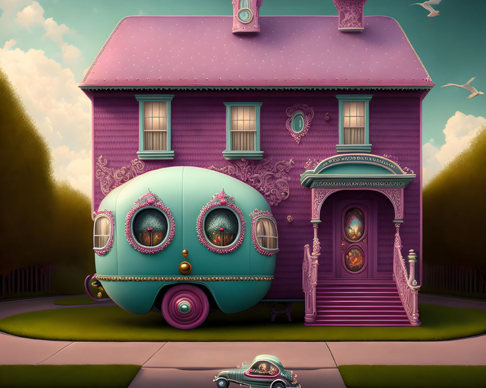 Whimsical Pink House Illustration with Caravan and Tiny Car