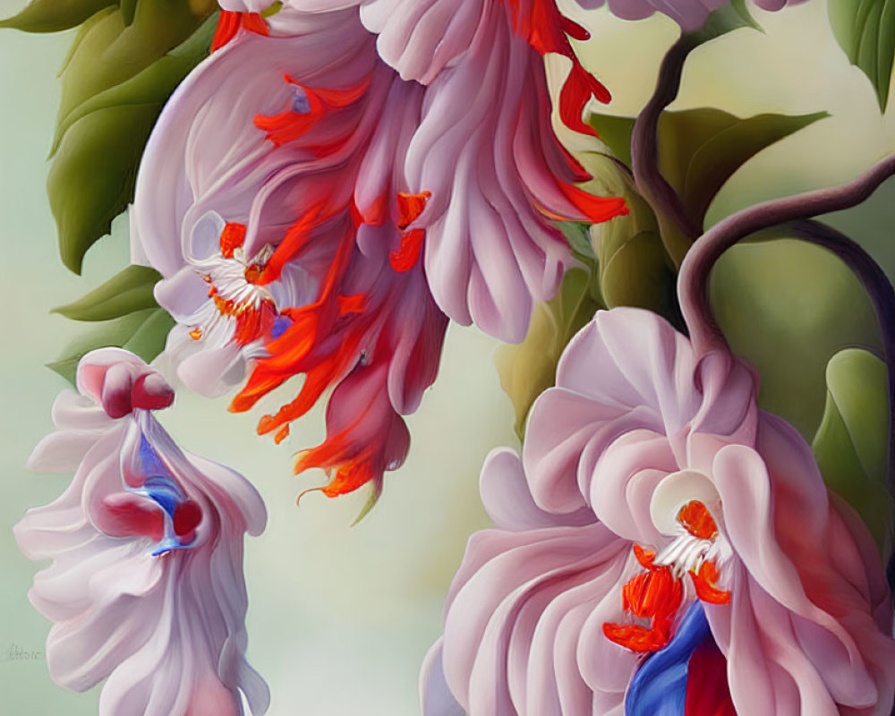 Surreal painting of delicate pink flowers with flowing petal-like fabric, accented in red and