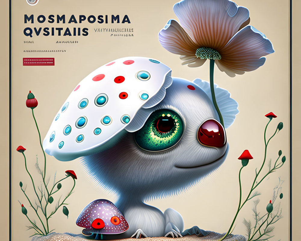 Fantastical creature with eye-covered mushroom cap in whimsical flora setting