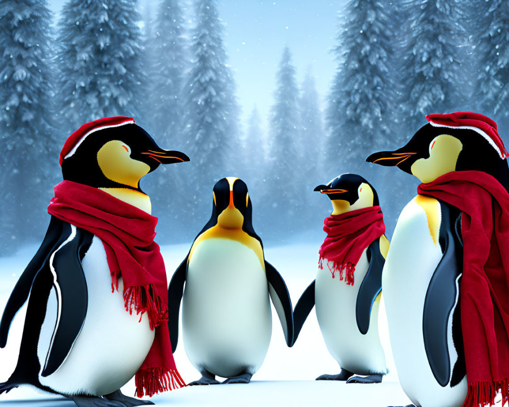 Four Penguins in Scarves and Hats in Snowy Forest