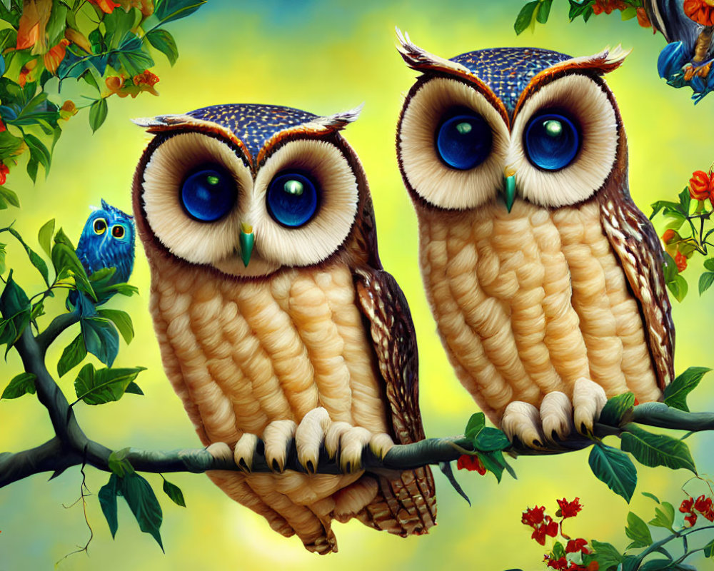 Stylized cartoon owls on tree branch with blue bird and red flowers